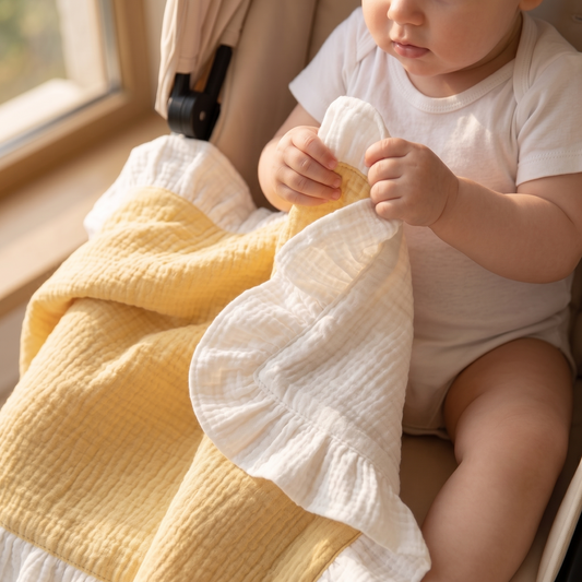 A baby sitting in a car seat holding a soft yellow and white muslin blanket. The baby is wearing a white t-shirt, and the scene is lit by warm natural light from a window.