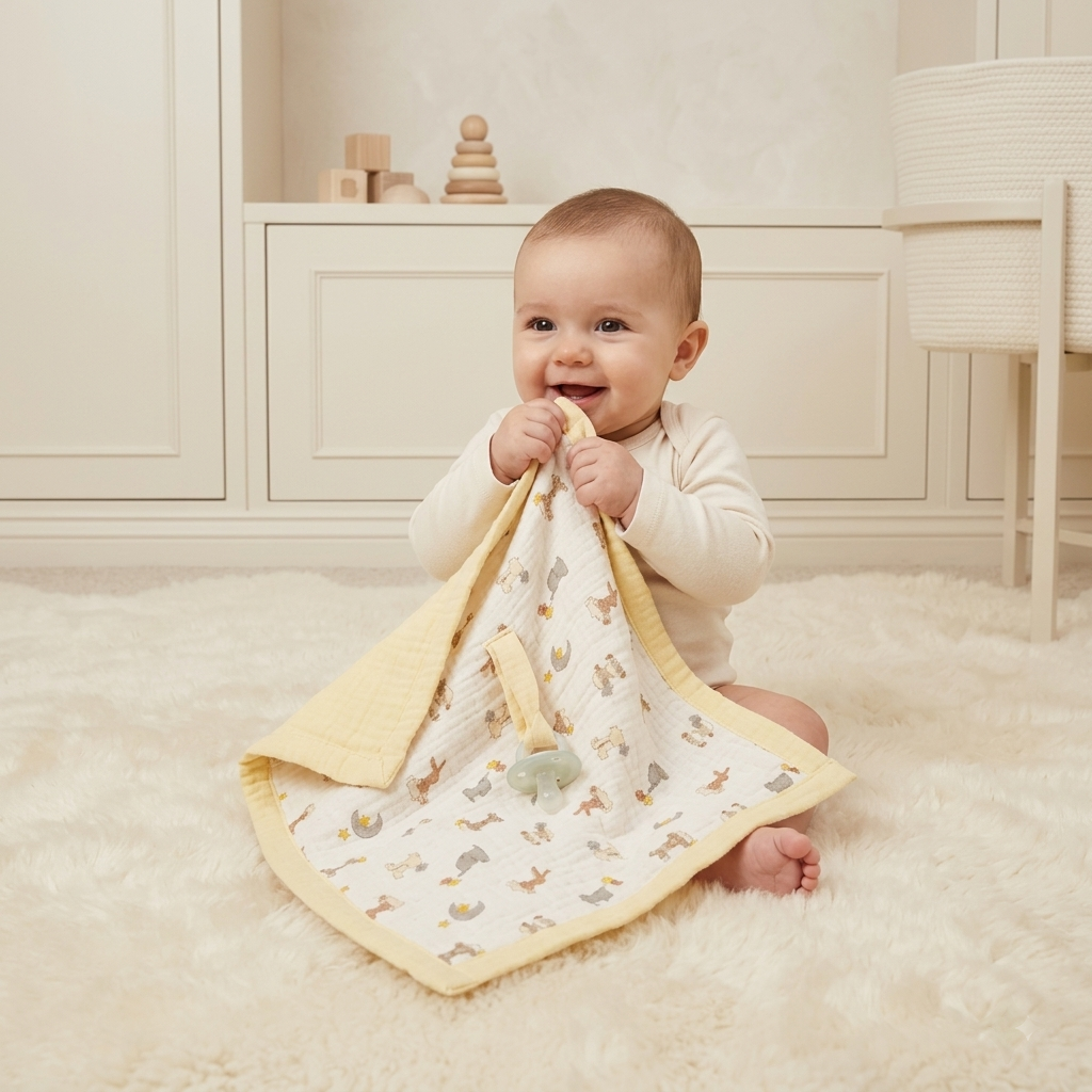 A baby sitting on a white fluffy rug holds a muslin security blanket with a yellow border and a small animal print. The baby is wearing a cream long-sleeve top in a bright, neutral nursery setting.