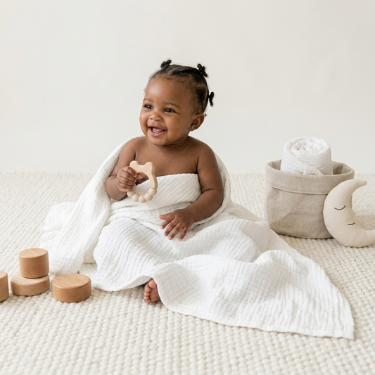 Premium organic cotton muslin swaddle blanket Cloud Dancer White for baby beach park nursery by Baby DukWear