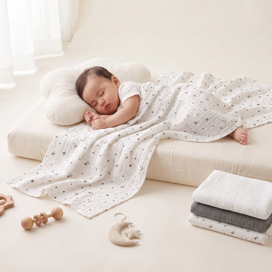 Premium organic cotton muslin swaddle blanket Northern Stars Star Moon Print with sleeping baby in nursery lifestyle by Baby DukWear
