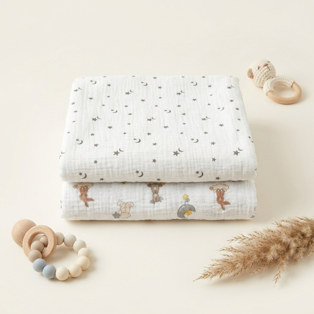 Two folded white muslin baby blankets with celestial and animal prints are arranged on a warm cream background with baby accessories including wooden teething rings, a plush toy, and dried pampas grass.