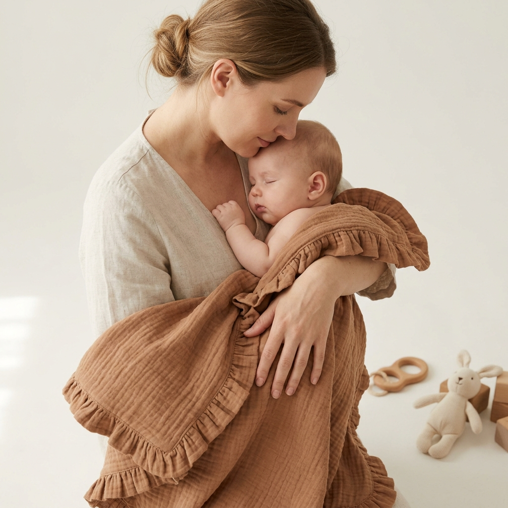 Mother holding baby
wrapped in organic
4-layer muslin blanket
in Camel Brown with
ruffles by
Baby DukWear Inc.