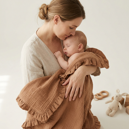 Mother holding baby
wrapped in organic
4-layer muslin blanket
in Camel Brown with
ruffles by
Baby DukWear Inc.