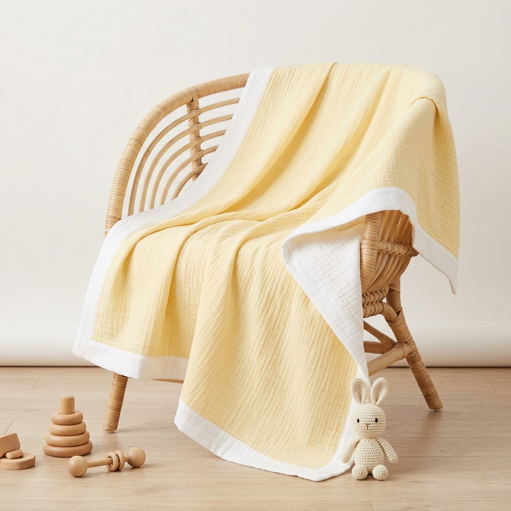 Organic 4-layer
muslin signature baby
blanket in yellow with
white contrast border by
Baby DukWear Inc.