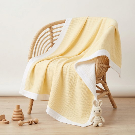 Organic 4-layer
muslin signature baby
blanket in yellow with
white contrast border by
Baby DukWear Inc.
