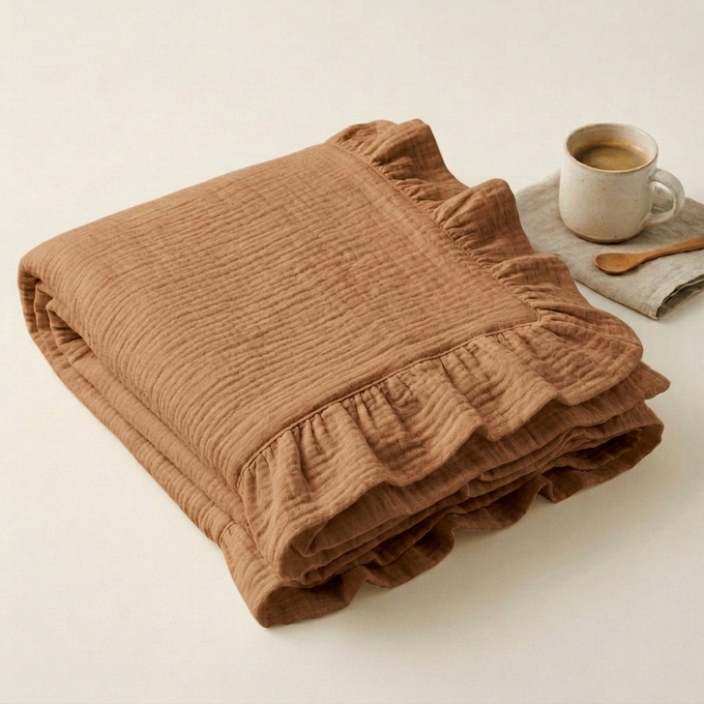 Organic 4-layer
muslin adult throw
blanket in Camel, Brown
with ruffle border by
Baby DukWear Inc.