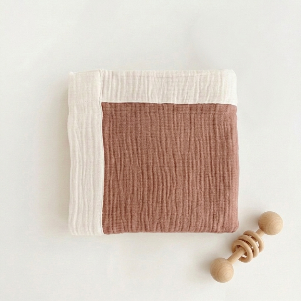 A folded muslin baby blanket in dusty rose and cream, styled with a wooden teething toy on a clean white background.