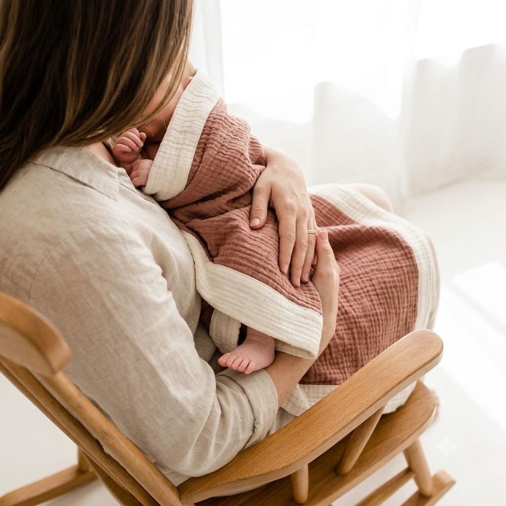 A woman in a beige linen top sits in a wooden rocking chair, holding a swaddled baby. The baby is wrapped in a dusty rose and cream muslin blanket.