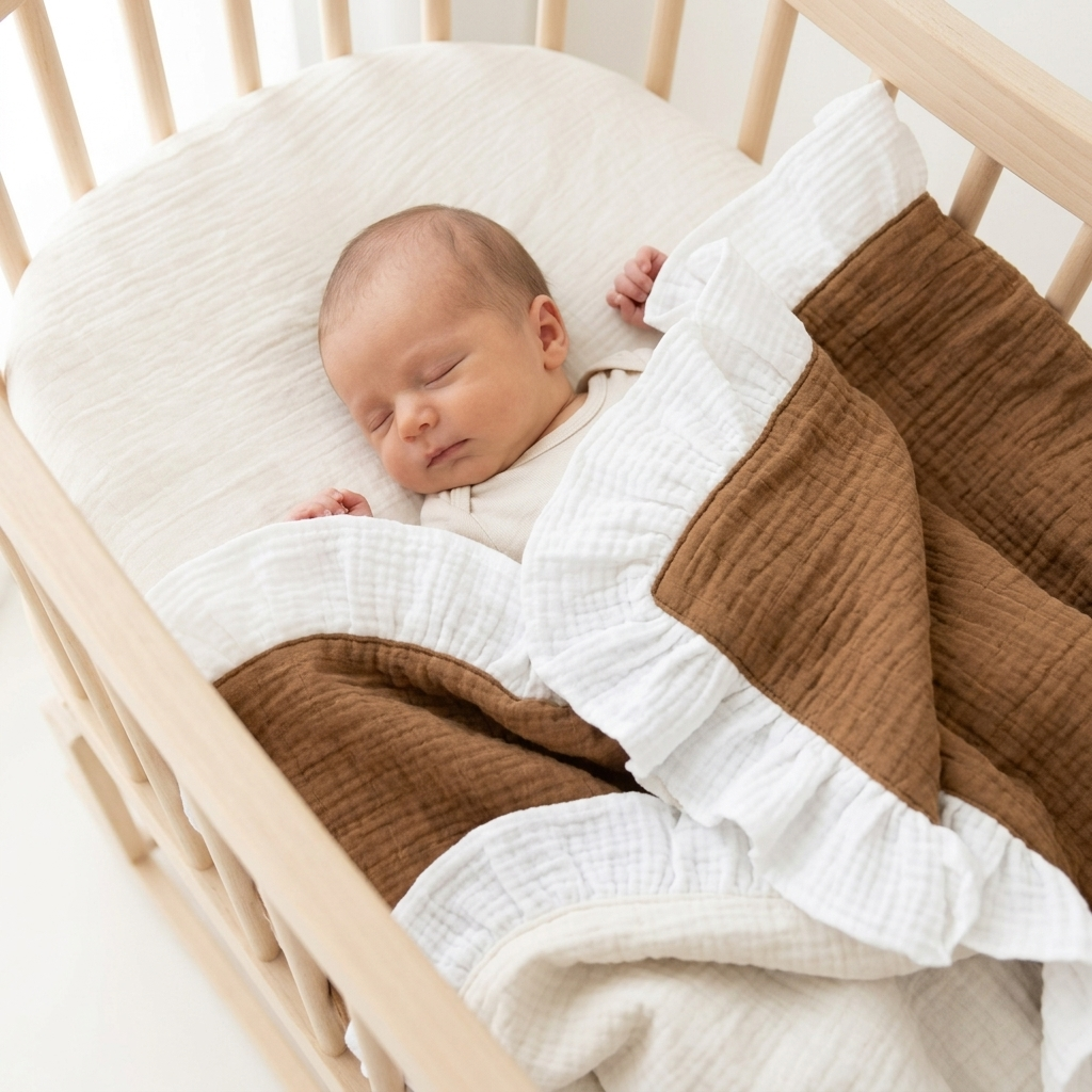 A sleeping newborn baby wrapped in a brown and white muslin blanket with ruffled edges, lying in a light wood crib.