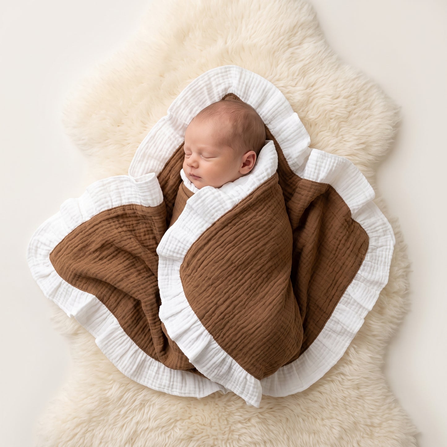 A sleeping newborn baby swaddled in a brown and white muslin blanket with ruffled edges, lying on a fluffy cream sheepskin rug against a light neutral background.