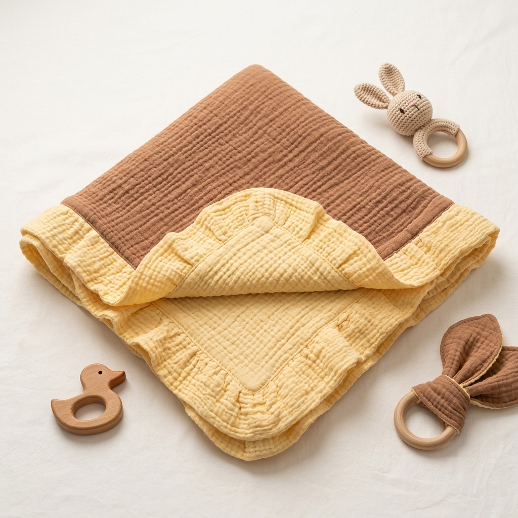 A folded muslin baby blanket in camel and  yellow with ruffled edges, styled on a white fabric background with wooden baby teething toys and a knitted bunny teether.