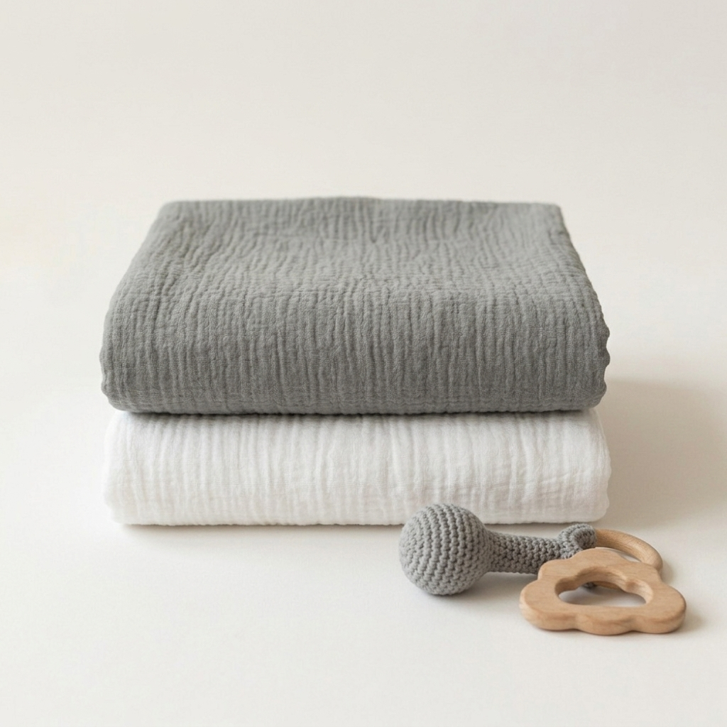 A stack of two folded muslin baby blankets, one gray and one white, with a small gray knit teether and wooden teething ring on a clean off-white background.