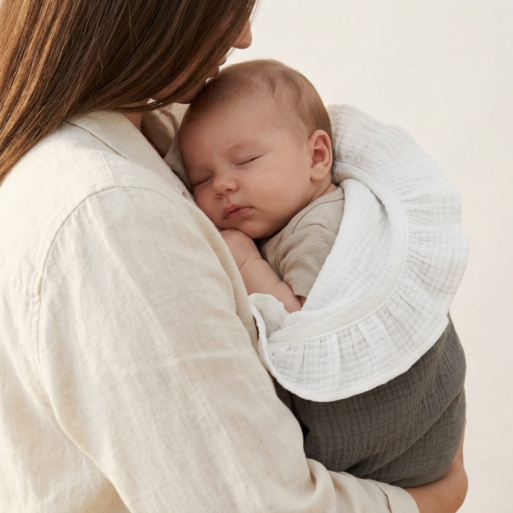 A sleeping newborn baby wrapped in a white gauze muslin wrap with a ruffled edge, held by a mother wearing a cream linen shirt against a warm off-white background.