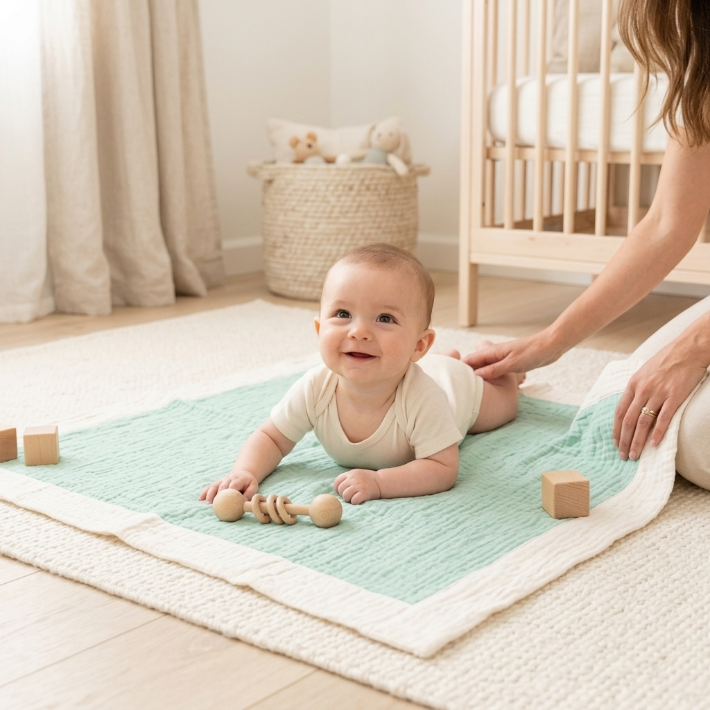 A baby lying on a mint green and cream textured blanket on a light wood floor, with a mother's hand supporting the baby. A wooden crib, a woven basket, and soft toys are visible in the background of this bright nursery scene.