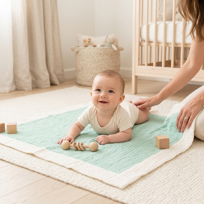A baby lying on a mint green and cream textured blanket on a light wood floor, with a mother's hand supporting the baby. A wooden crib, a woven basket, and soft toys are visible in the background of this bright nursery scene.