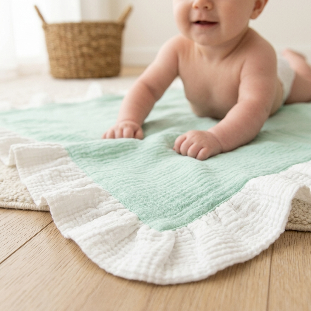 A baby lying on their stomach on a mint green and white textured muslin blanket on a light wood floor, with a woven basket in the background.