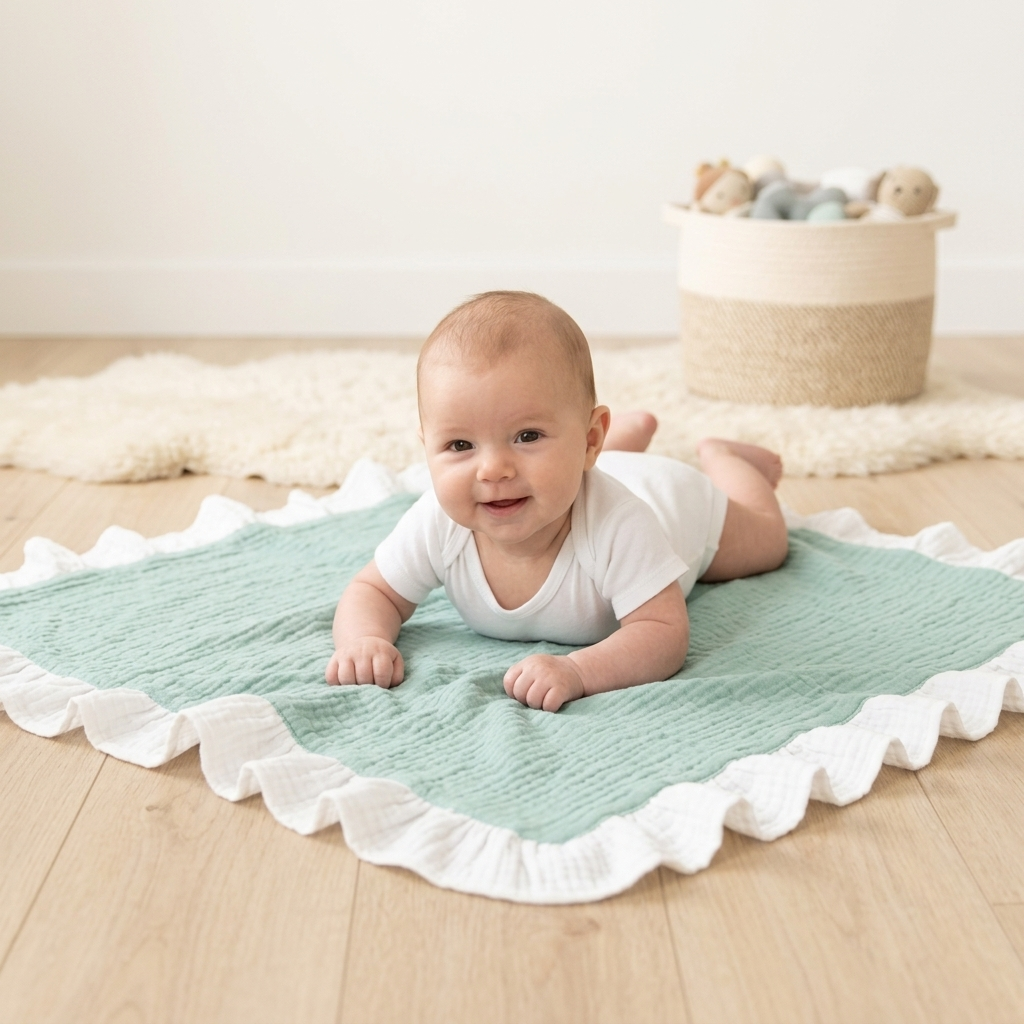 A baby wearing a white bodysuit lies on their stomach on a mint green textured blanket with a white ruffled border, set on a light wood floor in a nursery.