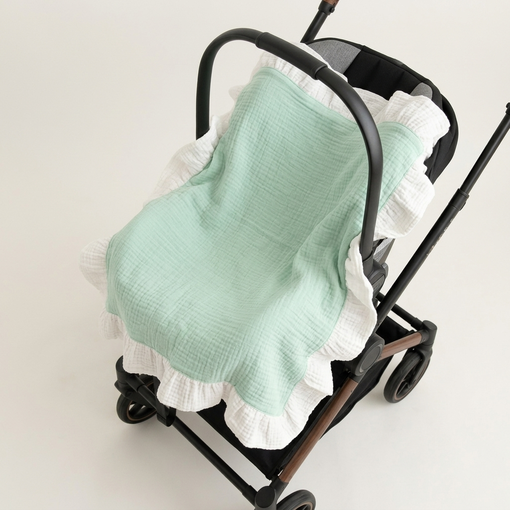 A mint green and white ruffled muslin baby blanket draped over a black stroller, photographed on a clean off-white studio background.