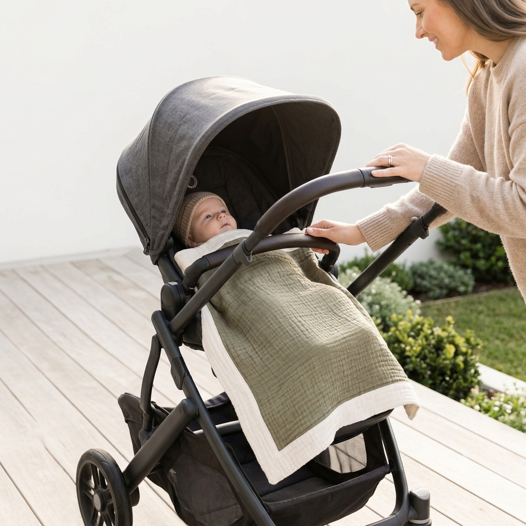 A baby in a dark stroller on a wooden deck, wrapped in an olive green quilted blanket with a cream border, while a woman in a beige sweater adjusts the stroller handlebar.