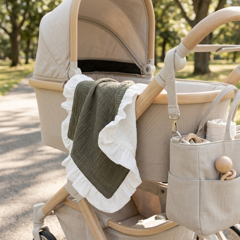 A beige stroller with a light wood frame is shown outdoors on a park path. A sage green and white ruffled muslin blanket is draped over the side, and a matching beige storage pouch hangs from the handle, holding baby accessories.