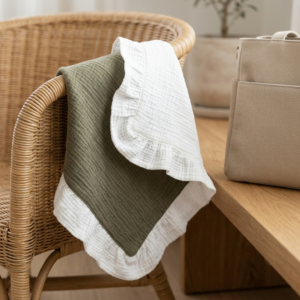 A sage green and white muslin baby blanket with ruffled edges draped over a wicker chair next to a wooden table and a beige tote bag.