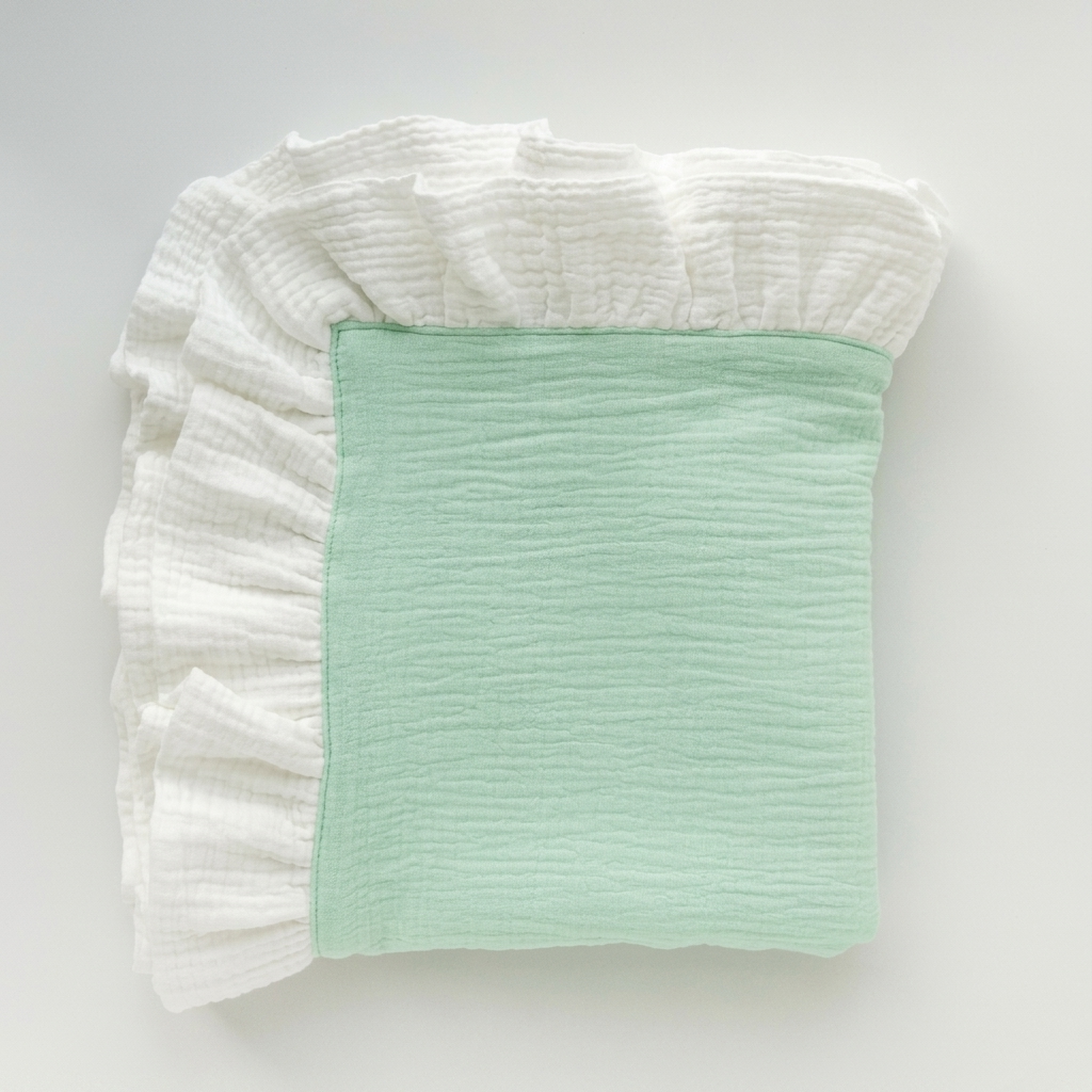 A folded muslin blanket with a soft mint  center and white ruffled edges, photographed on a clean light gray background.