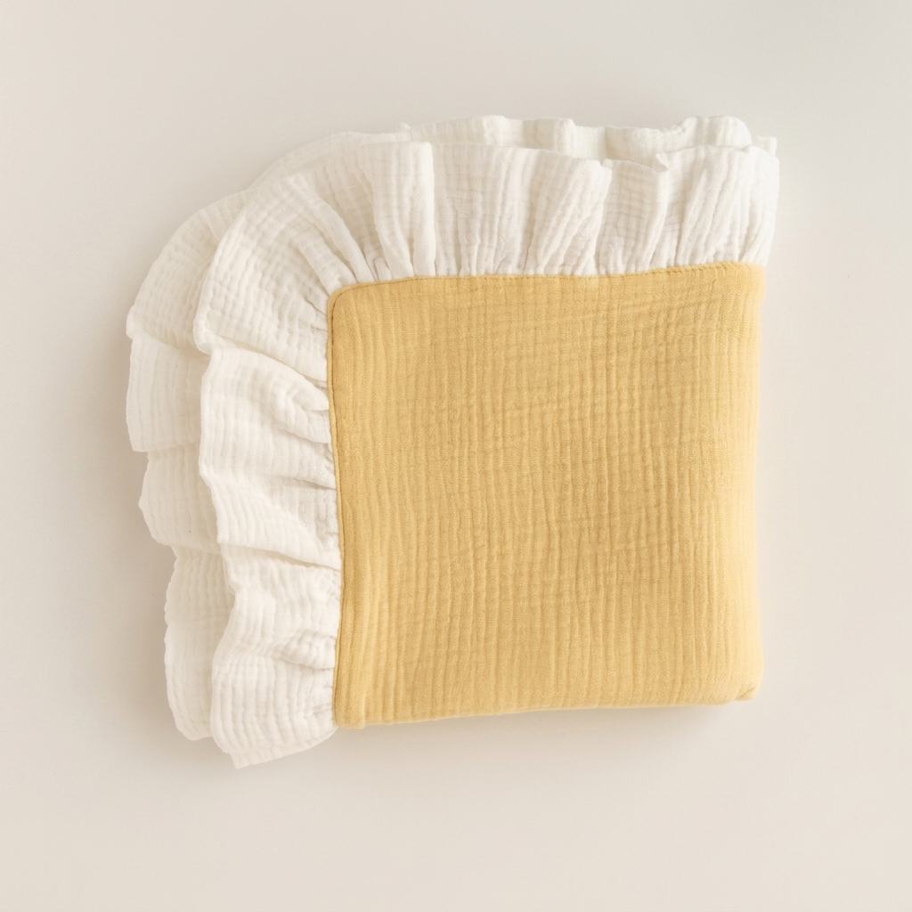 A folded muslin cloth baby blanket or swaddle with a soft ruffled border, featuring a pale yellow center and white ruffles, set against a plain light beige background.