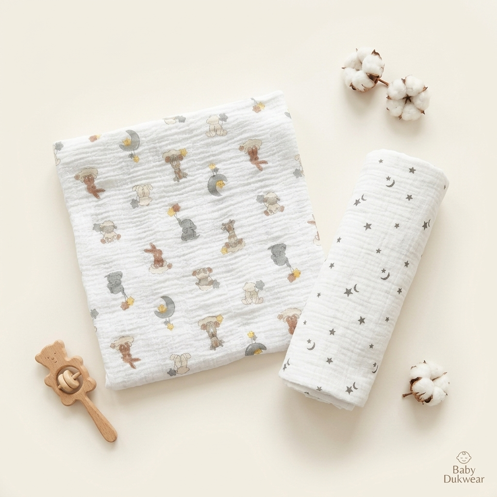 Two muslin baby swaddle blankets   Dream Safari and Northern Stars in a flat-lay arrangement on a warm cream background. One blanket is unfolded, showing a playful print of teddy bears, bunnies, and moons in muted brown, gray, and yellow tones.