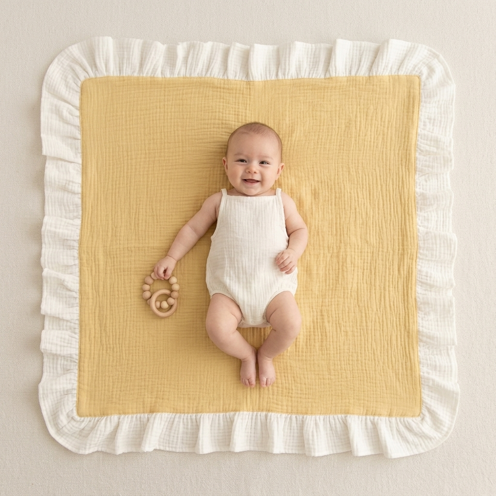 A baby lying on a square pale yellow muslin blanket with a white ruffled border, photographed from above on a light neutral background. The baby is wearing a white sleeveless romper and holding a small wooden teething toy.