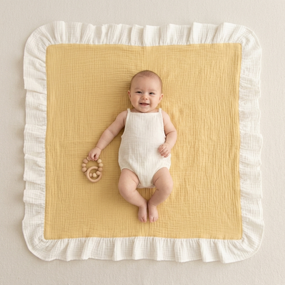A baby lying on a square pale yellow muslin blanket with a white ruffled border, photographed from above on a light neutral background. The baby is wearing a white sleeveless romper and holding a small wooden teething toy.