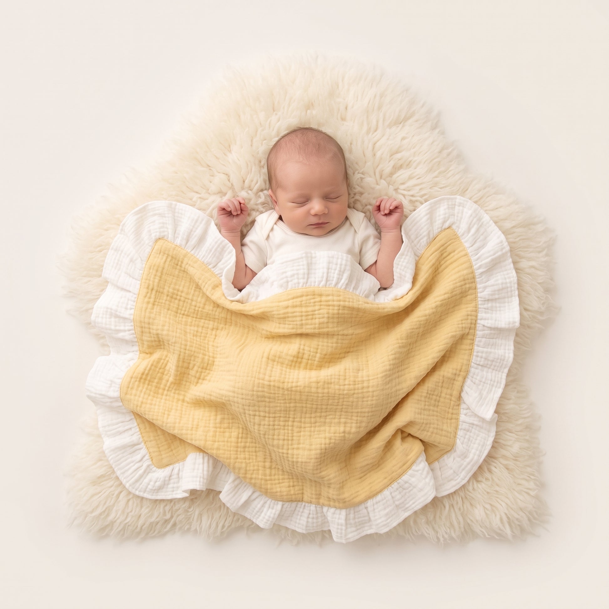 A sleeping newborn baby wrapped in a soft yellow and white ruffled muslin blanket, lying on a fluffy cream faux-fur rug against a warm off-white background.