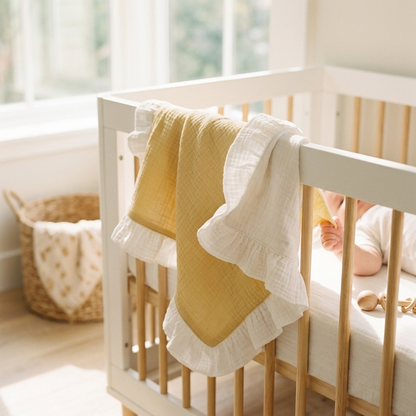 A baby's bedroom scene with a white wooden crib. A mustard yellow textured muslin blanket with white ruffled edges is draped over the side of the crib, next to a baby lying down in white clothing.