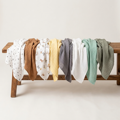 Premium organic cotton muslin swaddle blanket collection Brook Green Mint Golden Haze Yellow Camel Brown Titanium Gray Cloud Dancer White Olive Gray Green for newborns by Baby DukWear