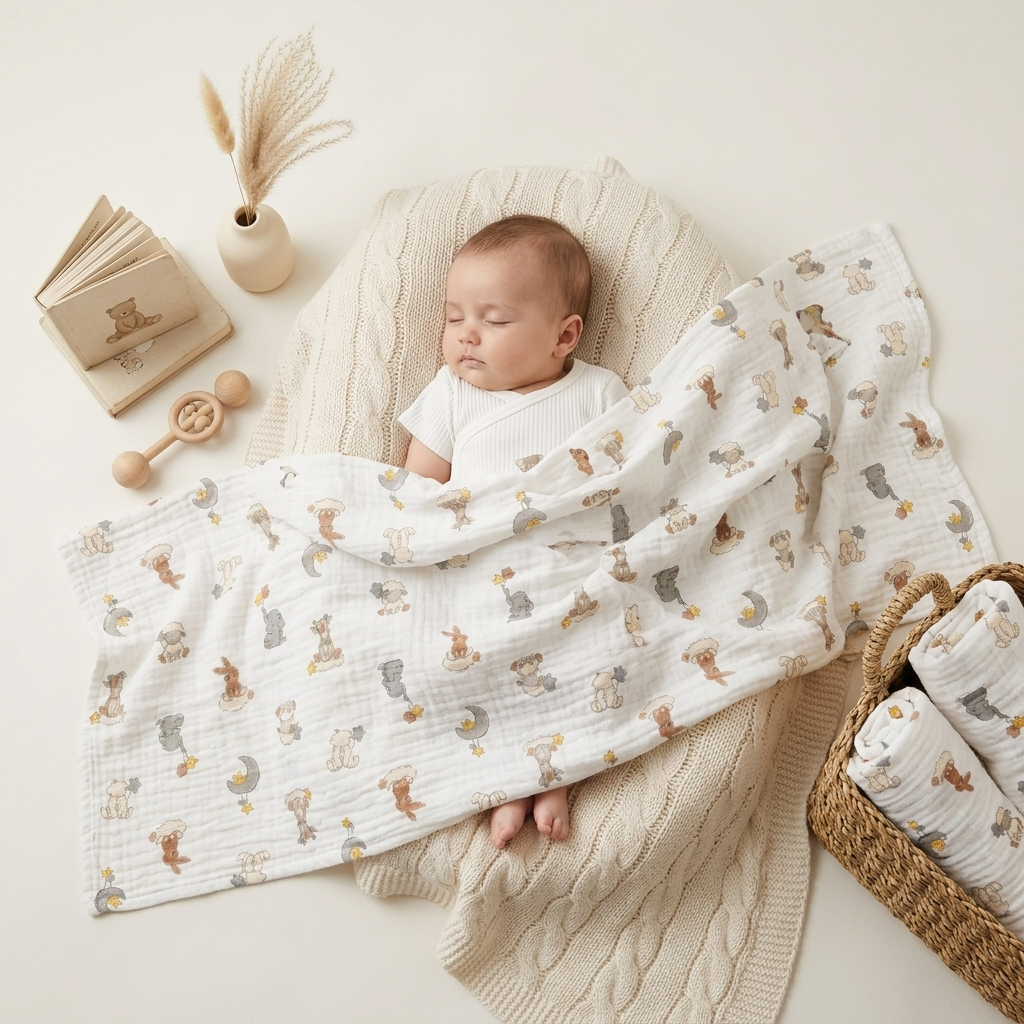 Premium organic cotton muslin swaddle blanket Dream Safari Animal Print with sleeping baby in nursery lifestyle by Baby DukWear