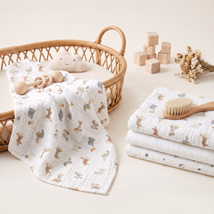 Premium organic cotton muslin swaddle blanket Dream Safari Animal Print with nursery accessories flatlay by Baby DukWear