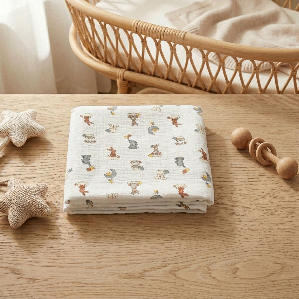 Premium organic cotton muslin swaddle blanket Dream Safari Animal Print folded on wooden table with nursery decor flatlay by Baby DukWear