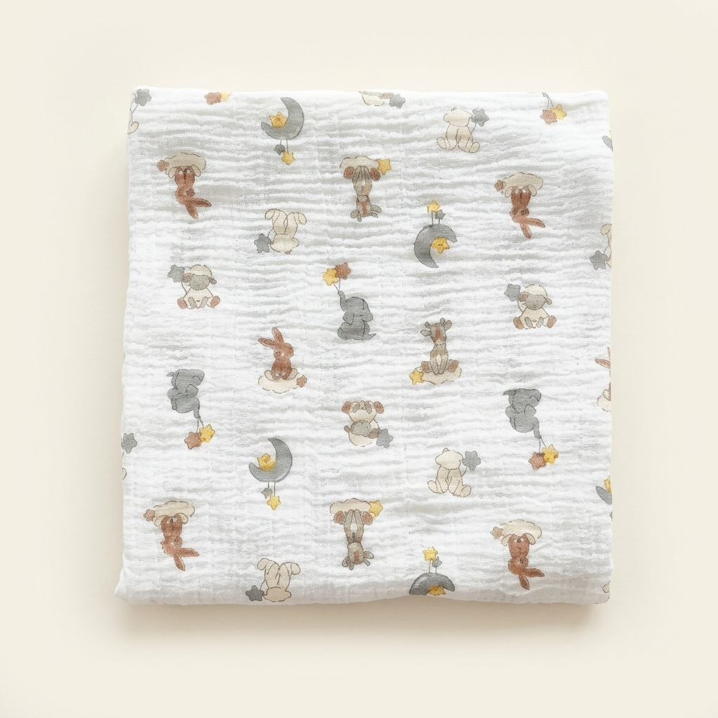 Premium organic cotton muslin swaddle blanket Dream Safari Animal Print folded for newborn nursery by Baby DukWear