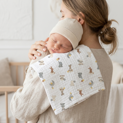 Premium organic cotton muslin swaddle blanket Dream Safari Animal Print mother holding baby in nursery lifestyle by Baby DukWear