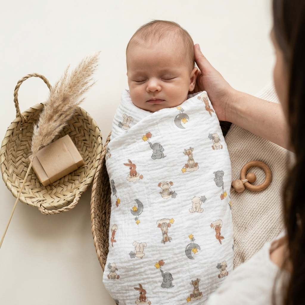 Premium organic cotton muslin swaddle blanket Dream Safari Animal Print swaddled baby in basket lifestyle by Baby DukWear