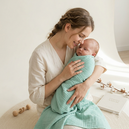 Premium organic cotton muslin swaddle blanket Brook Green Mint Green Mint for baby beach park nursery by Baby DukWear