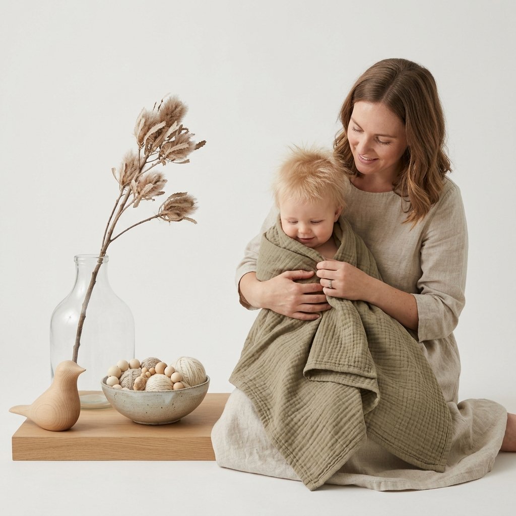 Premium organic cotton muslin swaddle blanket Olive Gray Olive Green  Olive for baby beach park nursery by Baby DukWear