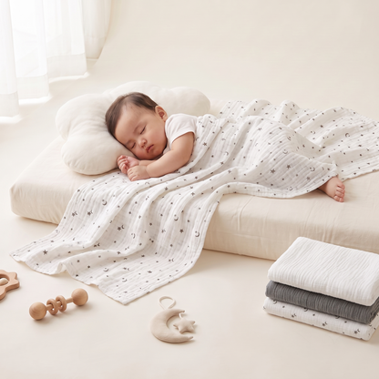 Premium organic cotton muslin swaddle blanket Northern Stars Star Moon Print with sleeping baby in nursery lifestyle by Baby DukWear