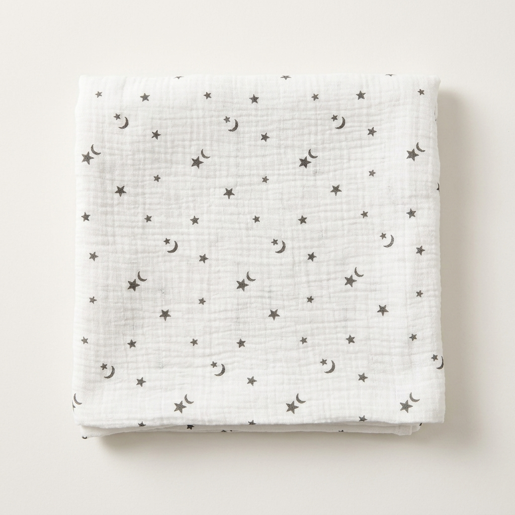 Premium organic cotton muslin swaddle blanket Northern Stars Star Moon Print folded for newborn nursery by Baby DukWear