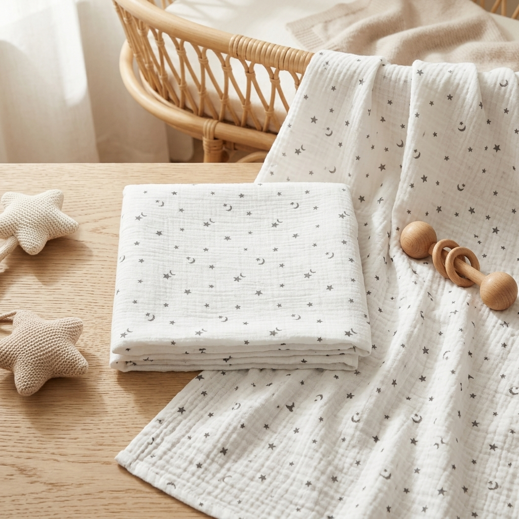 Premium organic cotton muslin swaddle blanket Northern Stars Star Moon Print folded on wooden table with nursery decor by Baby DukWear