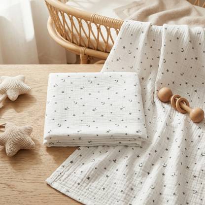 Premium organic cotton muslin swaddle blanket Northern Stars Star Moon Print folded on wooden table with nursery decor by Baby DukWear
