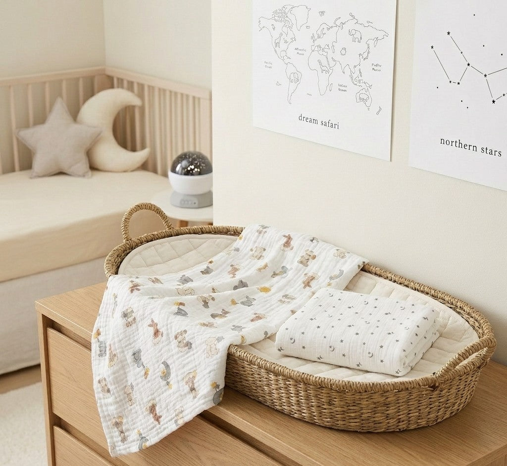 A woven oval baby bassinet basket on a wooden dresser, styled with a white patterned Dream Safari and Northern Stars muslin blanket and a folded white pillow with small gray dots in a softly lit nursery.