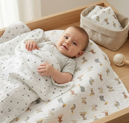 A baby lying on a wooden changing bed, wrapped in a white muslin blanket   Dream Safari and Northern Stars  with small gray moon and star prints. A matching patterned changing pad is visible underneath, with a beige fabric basket and a wooden toy nearby.