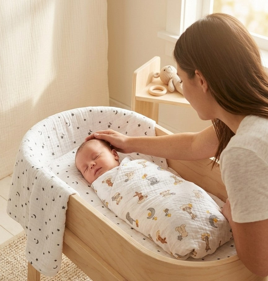 A sleeping baby is swaddled in a white muslin blanket with a small animal print   Dream Safari and Northern Stars and lies in a light wood bassinet. A woman gently touches the baby's head beside the bassinet in a softly lit nursery.