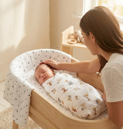 A sleeping baby is swaddled in a white muslin blanket with a small animal print   Dream Safari and Northern Stars and lies in a light wood bassinet. A woman gently touches the baby's head beside the bassinet in a softly lit nursery.