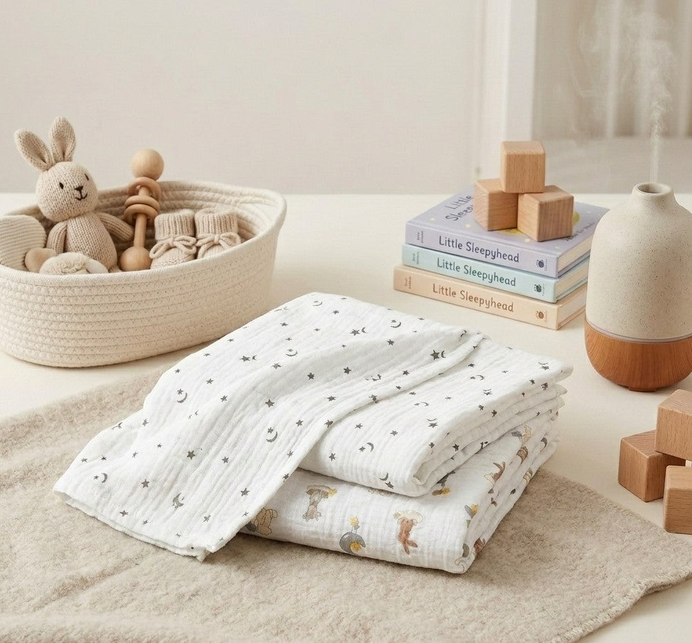 Folded muslin baby blankets with a celestial print Northern Stars and woodland animal pattern Dream Safari, styled on a beige blanket next to a basket with a plush bunny and wooden toys.